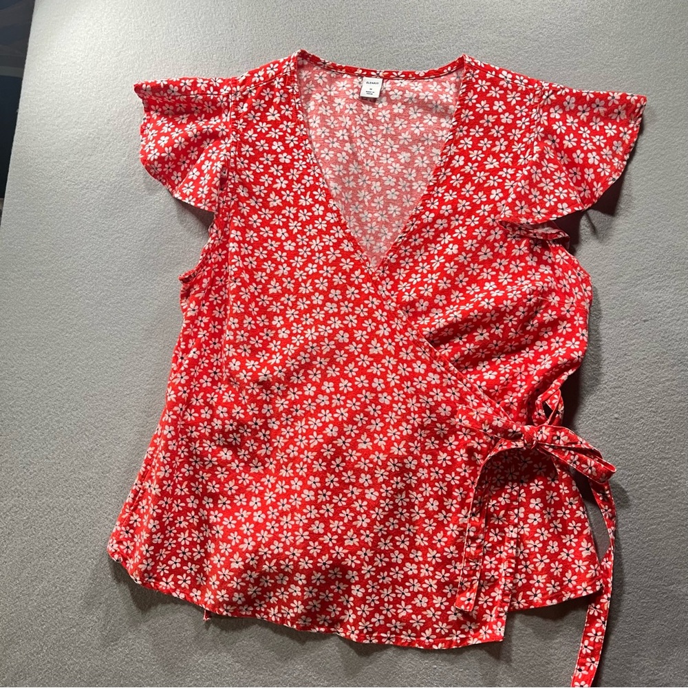 Red Floral Wrap Top